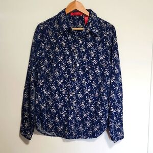 Gloria Vanderbilt CORDUROY Button Up Shirt Navy Blue Chintz FLORAL